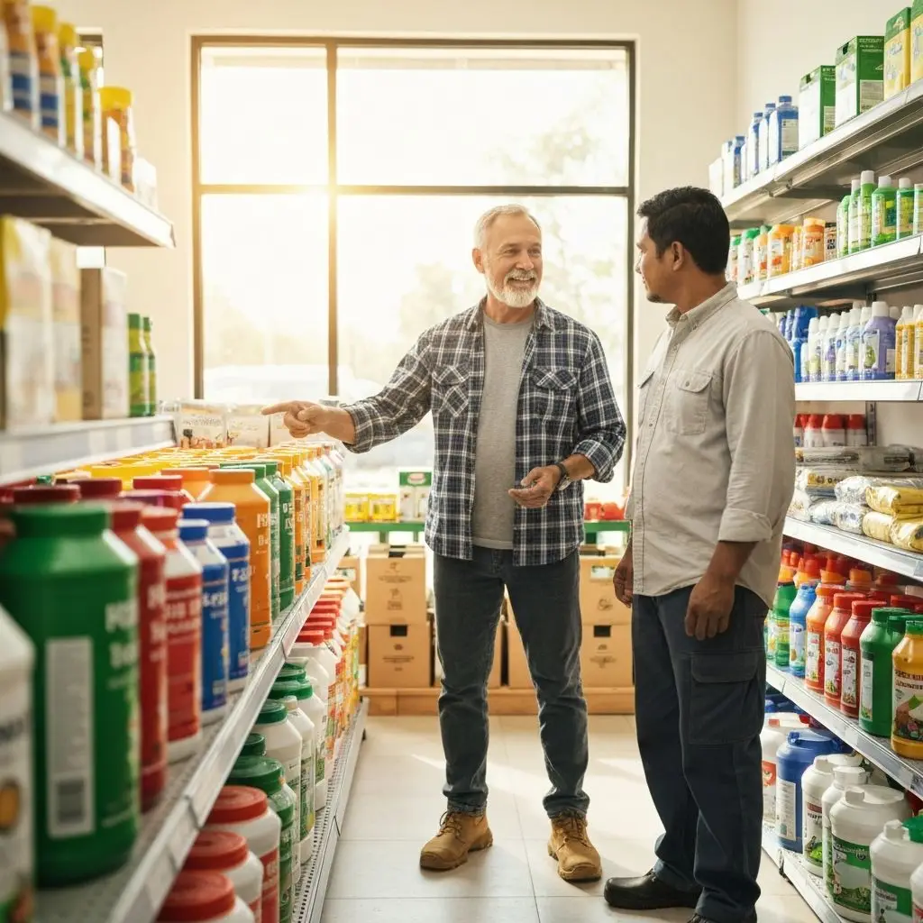 Shop owner giving advice to a farmer